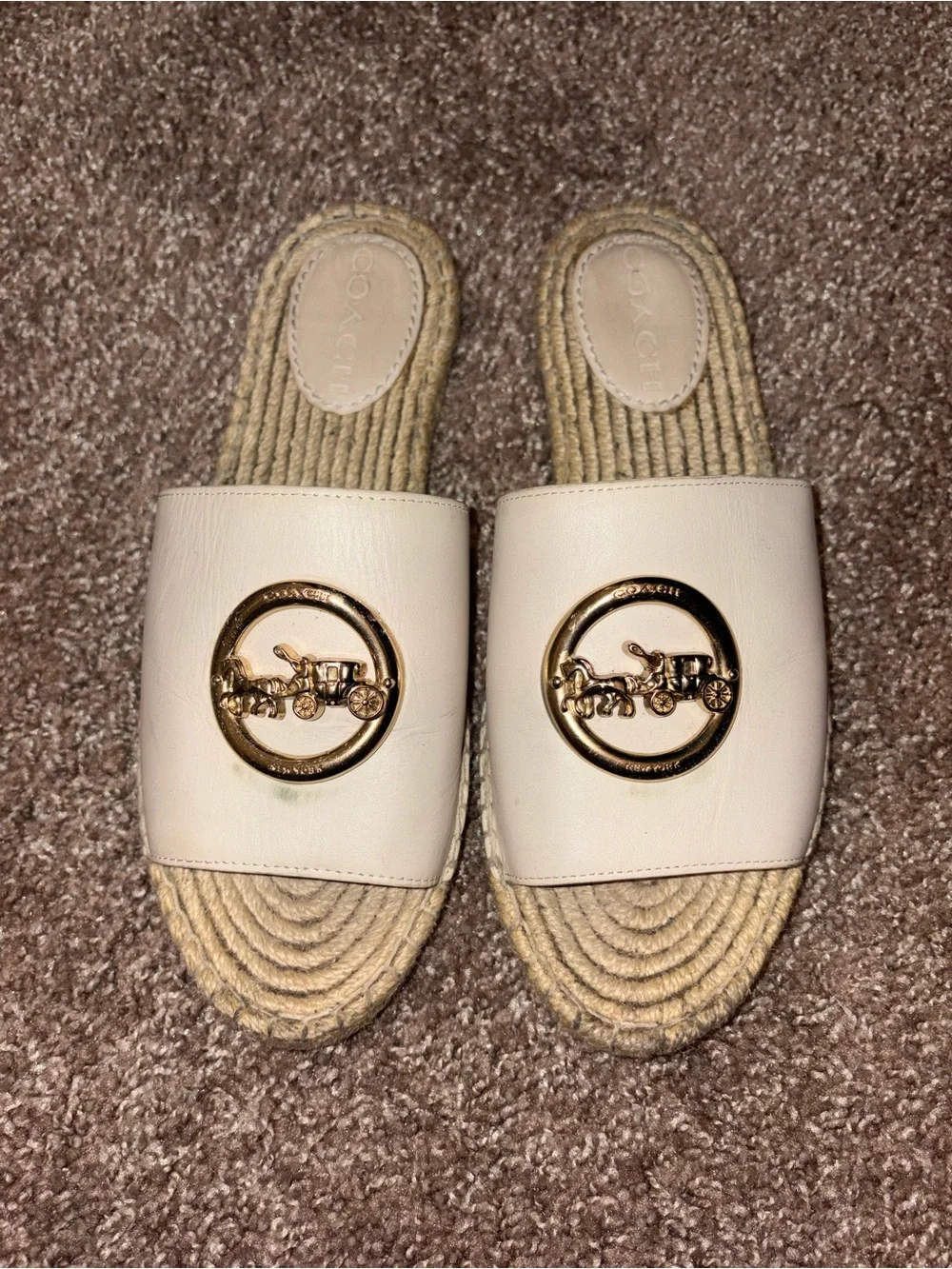 COACH Women's Ivory Leather Slide Sandals with Gold Logo